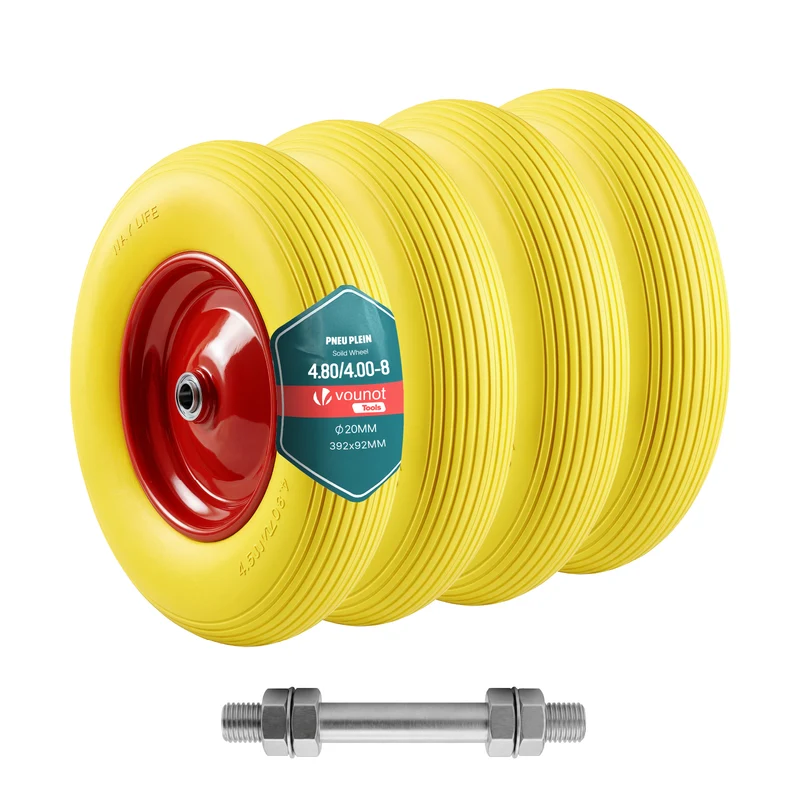 Lot de 4 Roue increvable 4.80/4.00-8 en PU pour brouette diable alesage 20mm 392x92 mm Jaune