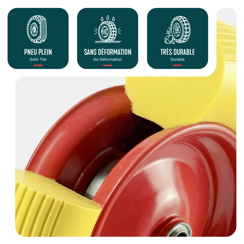 Lot de 4 Roue increvable 4.80/4.00-8 en PU pour brouette diable alesage 20mm 392x92 mm Jaune