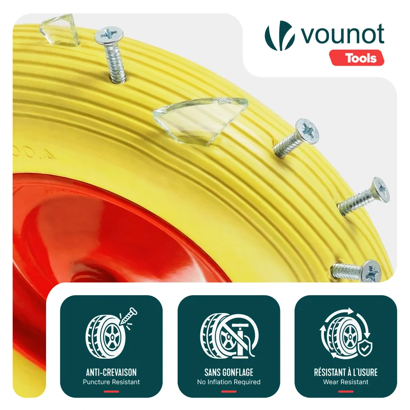 Lot de 4 Roue increvable 4.80/4.00-8 en PU pour brouette diable alesage 20mm 392x92 mm Jaune