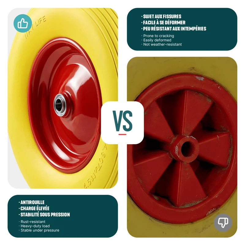 Lot de 4 Roue increvable 4.80/4.00-8 en PU pour brouette diable alesage 20mm 392x92 mm Jaune