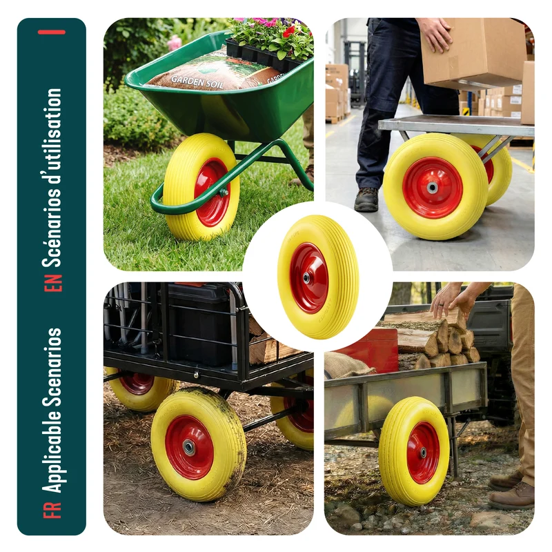 Lot de 4 Roue increvable 4.80/4.00-8 en PU pour brouette diable alesage 20mm 392x92 mm Jaune
