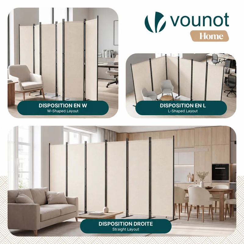 Paravent interieur separateur 6 panneaux autoportant pliable 340 x 30 x 164 cm Beige