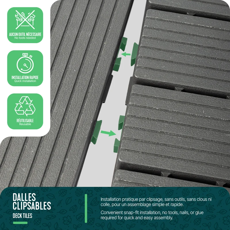 Lot de 11 dalles clipsables exterieures 30x30cm modulaire plastique anthracite