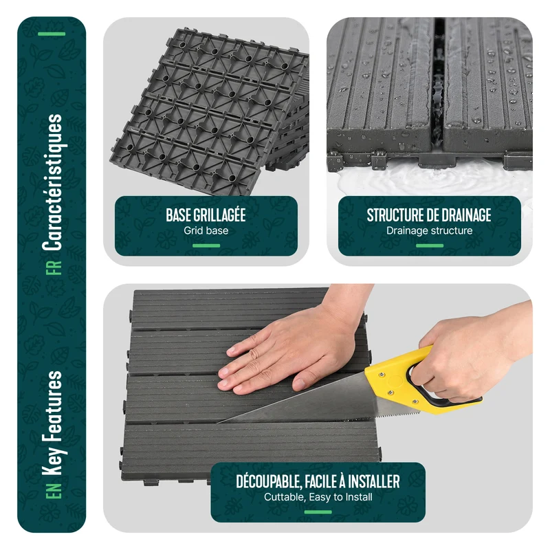 Lot de 11 dalles clipsables exterieures 30x30cm modulaire plastique anthracite
