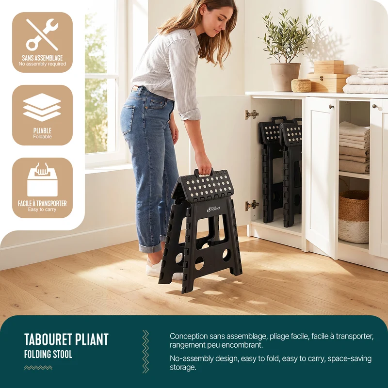 Tabouret pliant antiderapant 39x32x40 cm plastique noir
