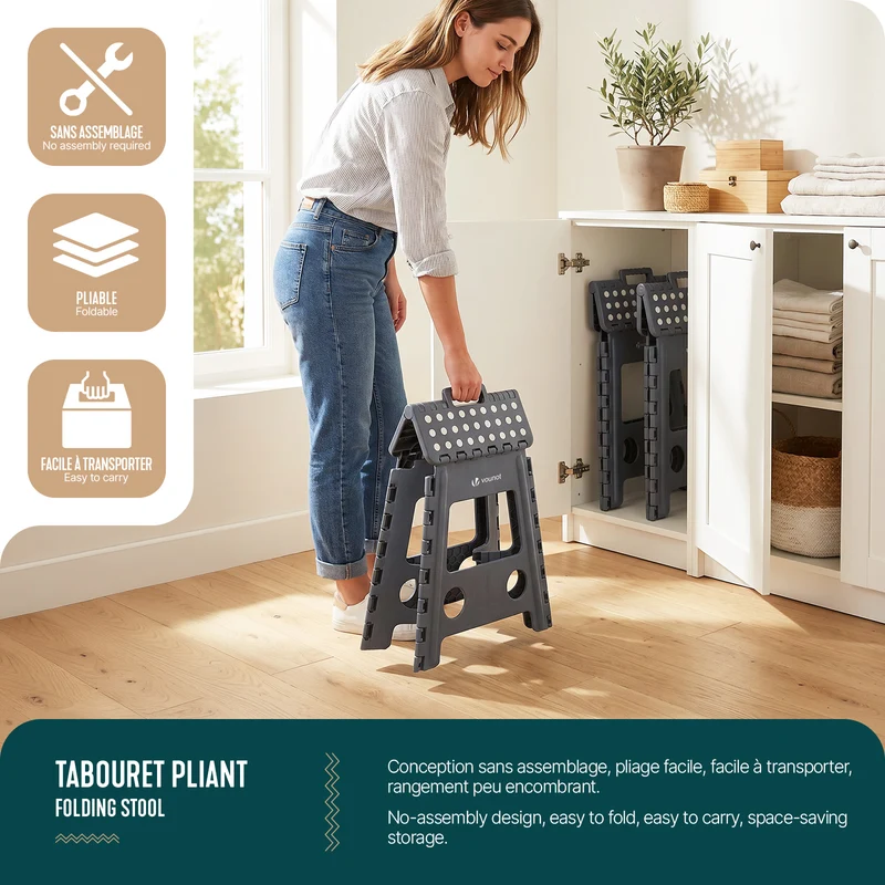 Tabouret pliant antiderapant 39x32x40 cm plastique gris