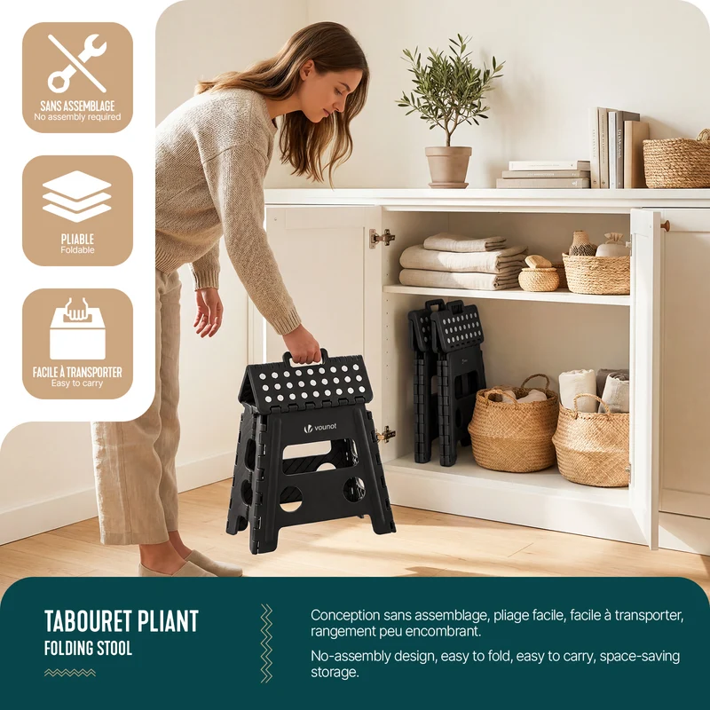 Tabouret pliant antiderapant 37x30x32.5 cm plastique noir