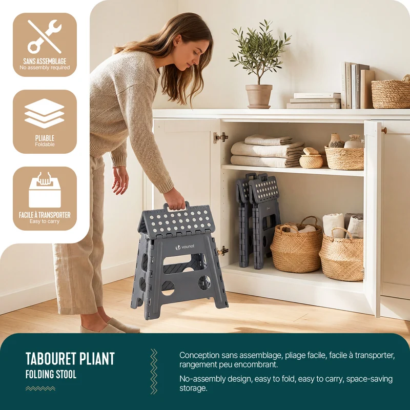 Tabouret pliant antiderapant 37x30x32.5 cm plastique gris