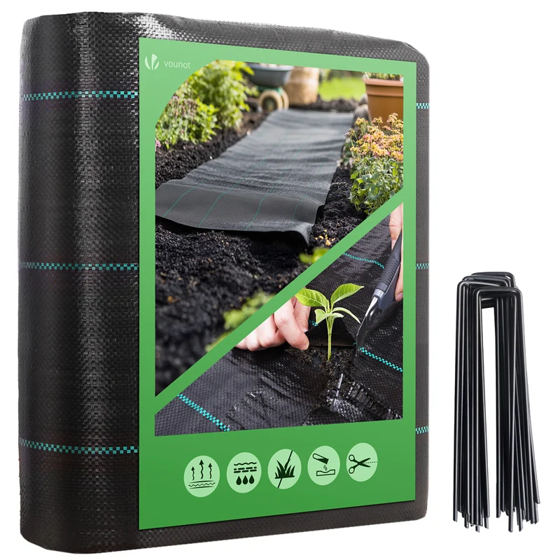 Toile de paillage contre les mauvaises herbes 25Mx1M avec 50 piquets Anti-UV 100g/m2