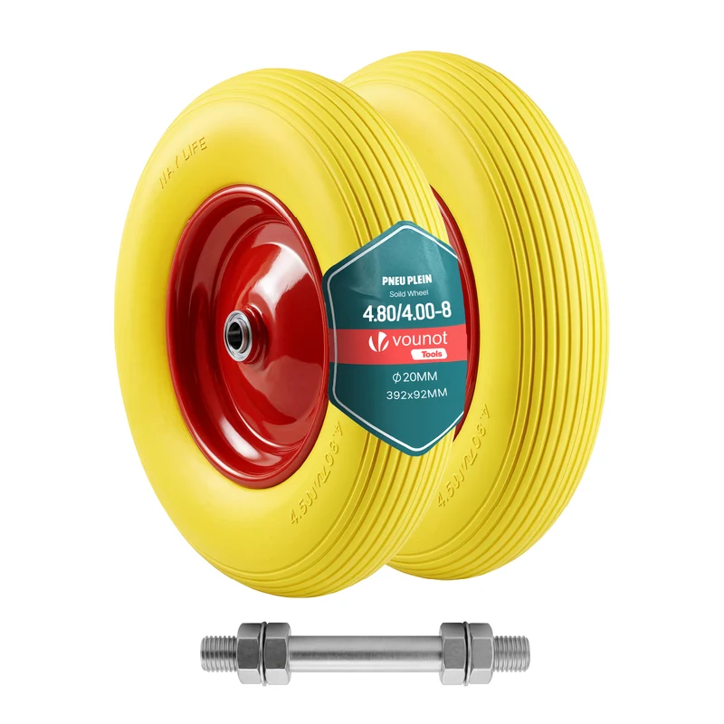 Lot de 2 Roue increvable 4.80/4.00-8 en PU pour brouette diable alesage 20mm 392x92 mm Jaune