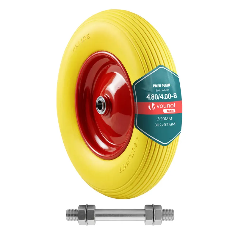 Roue increvable 4.80/4.00-8 en PU pour brouette diable alesage 20mm 392x92 mm Jaune