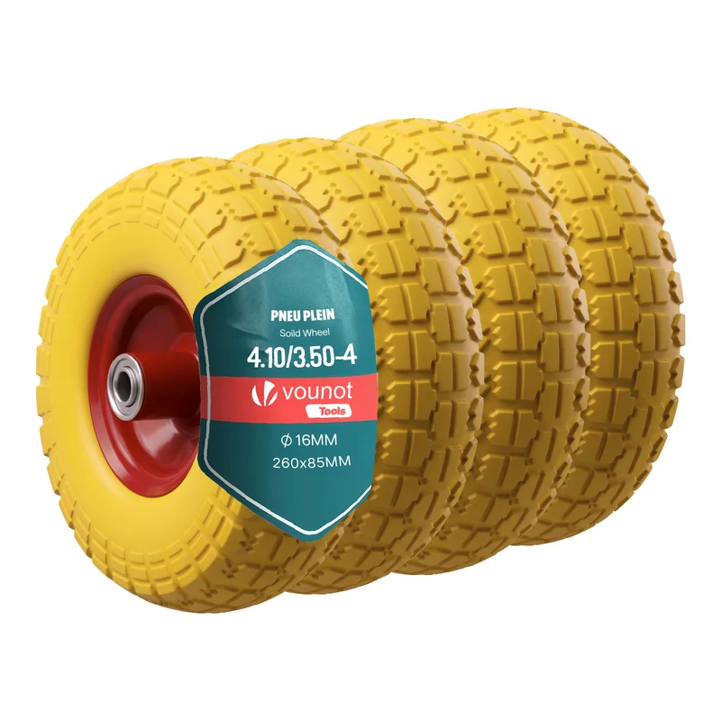 Lot de 4 Roue increvable 3.50-4 en PU pour brouette diable alesage 16mm 260x85mm Jaune