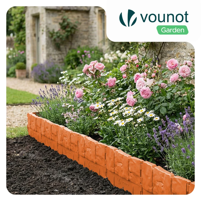 Lot de 140 pcs Bordure de jardin imitation pierre facile a installer 21.4m terracotta