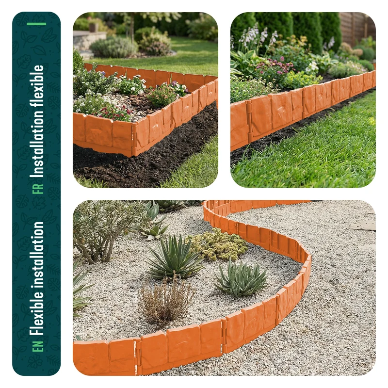 Lot de 140 pcs Bordure de jardin imitation pierre facile a installer 21.4m terracotta
