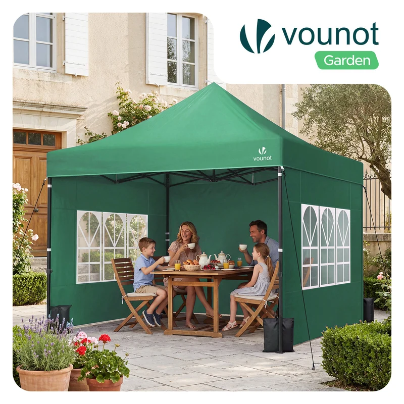 Tonnelle de jardin renforcée 3x3m pliable Barnum avec 4 parois latérales et fenêtres vert
