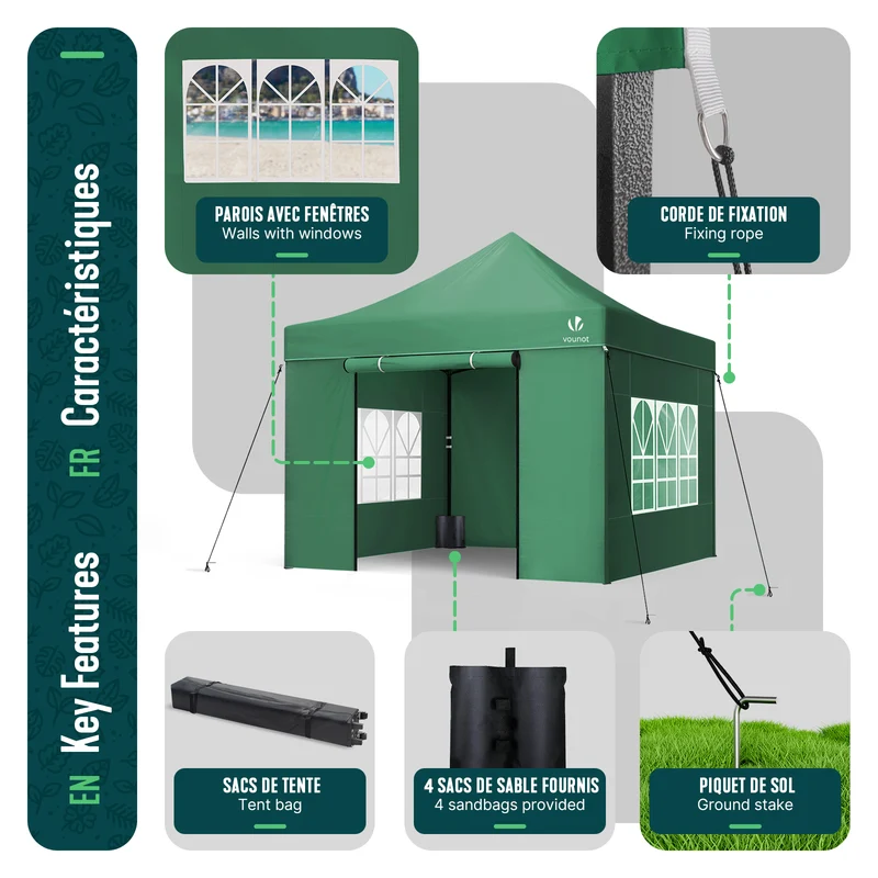Tonnelle de jardin renforcée 3x3m pliable Barnum avec 4 parois latérales et fenêtres vert