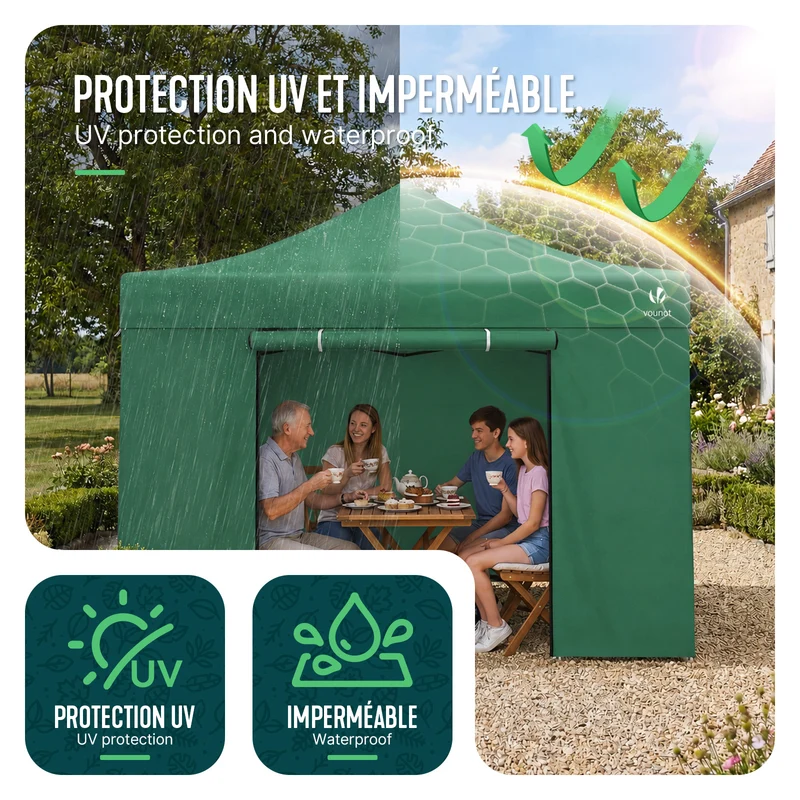 Tonnelle de jardin renforcée 3x3m pliable Barnum avec 4 parois latérales et fenêtres vert