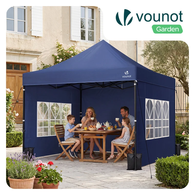 Tonnelle de jardin renforcée 3x3m pliable Barnum avec 4 parois latérales et fenêtres bleu