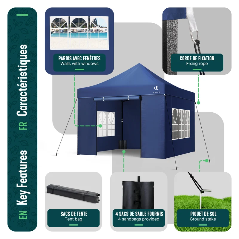 Tonnelle de jardin renforcée 3x3m pliable Barnum avec 4 parois latérales et fenêtres bleu