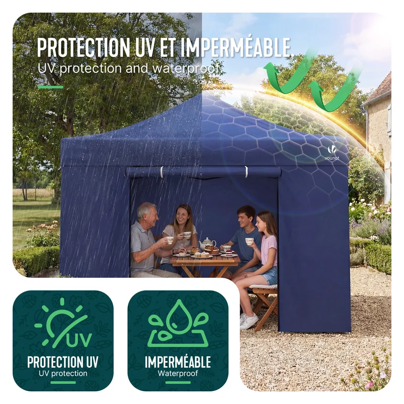 Tonnelle de jardin renforcée 3x3m pliable Barnum avec 4 parois latérales et fenêtres bleu