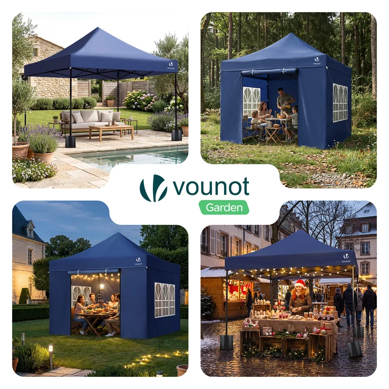 Tonnelle de jardin renforcée 3x3m pliable Barnum avec 4 parois latérales et fenêtres bleu