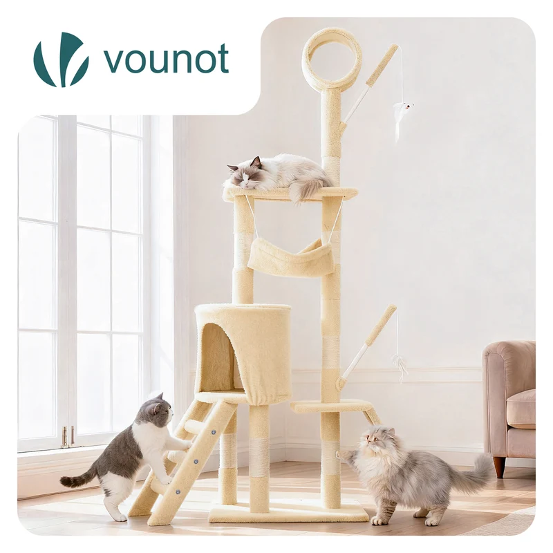 Arbre a chat 155cm multi niveaux Griffoir et niche Beige