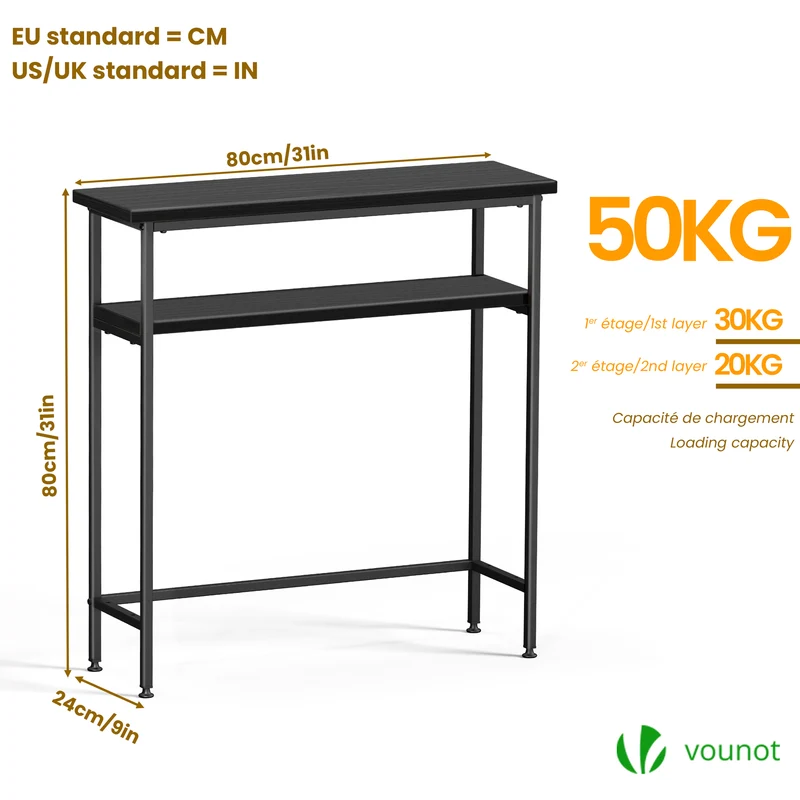 Console table 2 niveaux style industriel en metal et MDF 80x24x80 cm Noir