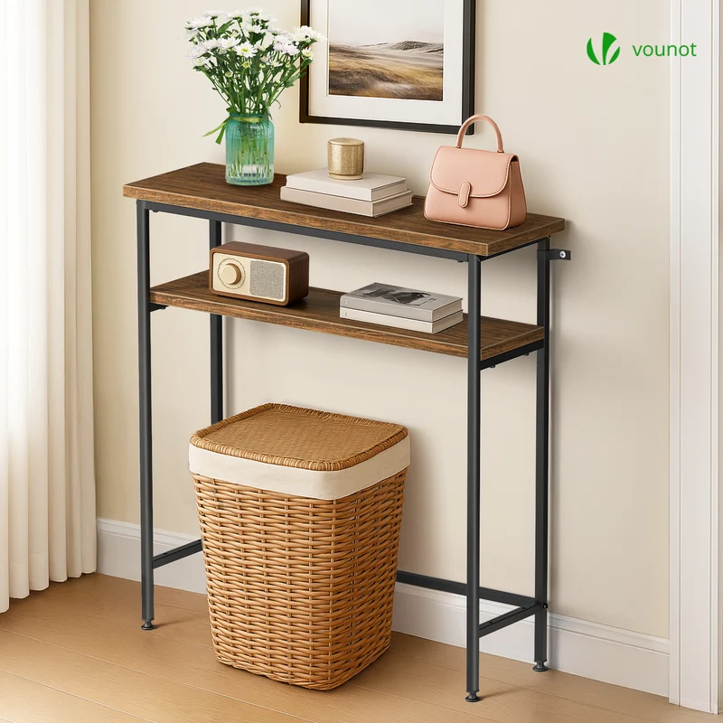 Console table 2 niveaux style industriel en metal et MDF 80x24x80 cm Marron