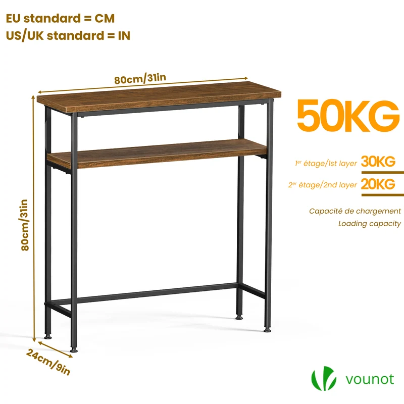 Console table 2 niveaux style industriel en metal et MDF 80x24x80 cm Marron
