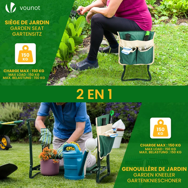 Agenouilloir tabouret de jardin 2 en 1 avec pochette de rangement EVA vert