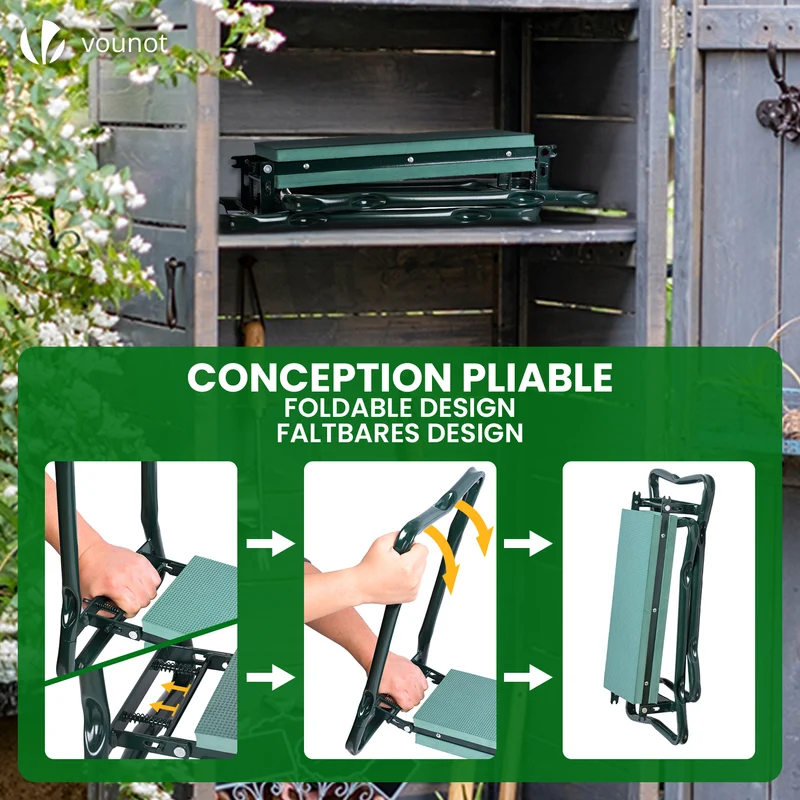 Agenouilloir tabouret de jardin 2 en 1 avec pochette de rangement EVA vert