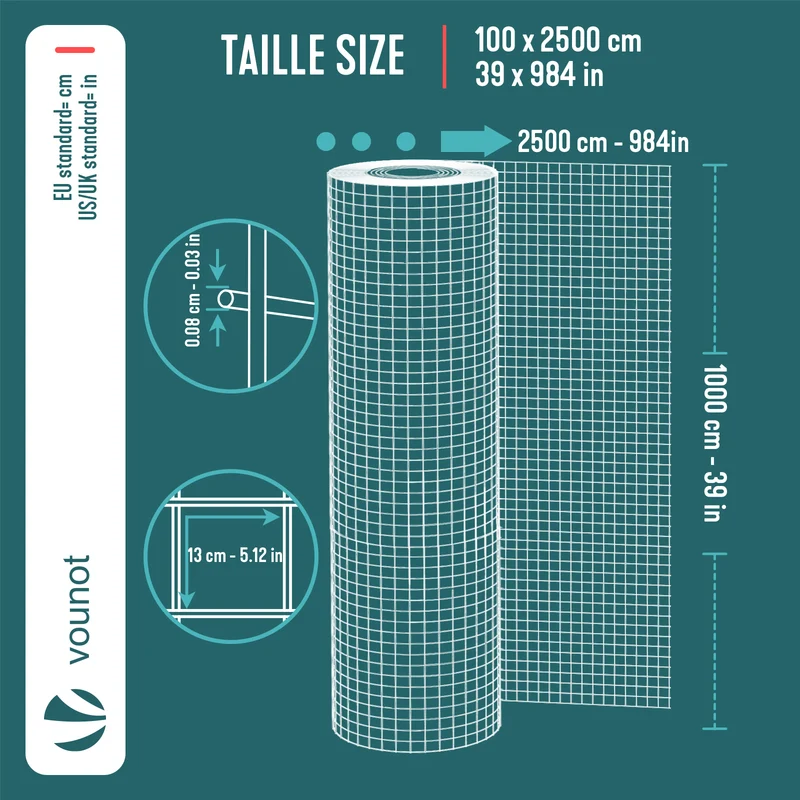 Grillage a maille soude en acier gaine PVC 13mm fil 0.8mm 1x25m vert