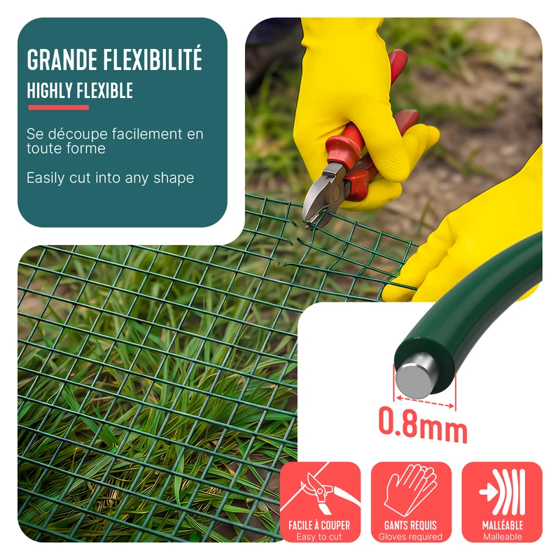 Grillage a maille soude en acier gaine PVC 13mm fil 0.8mm 1x25m vert
