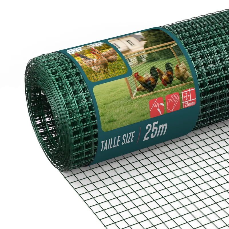 Grillage a maille soude en acier gaine PVC 25mm fil 1mm 1x25m vert