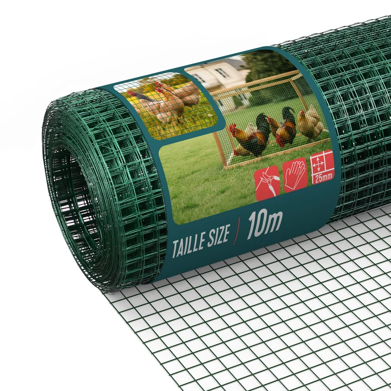 Grillage a maille soude en acier gaine PVC 25mm fil 1mm 1x10m vert
