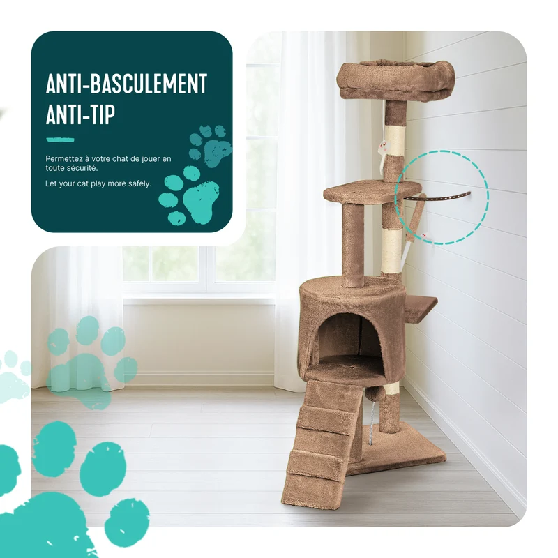 Arbre a chat 112cm multi niveaux Griffoir et niche Marron