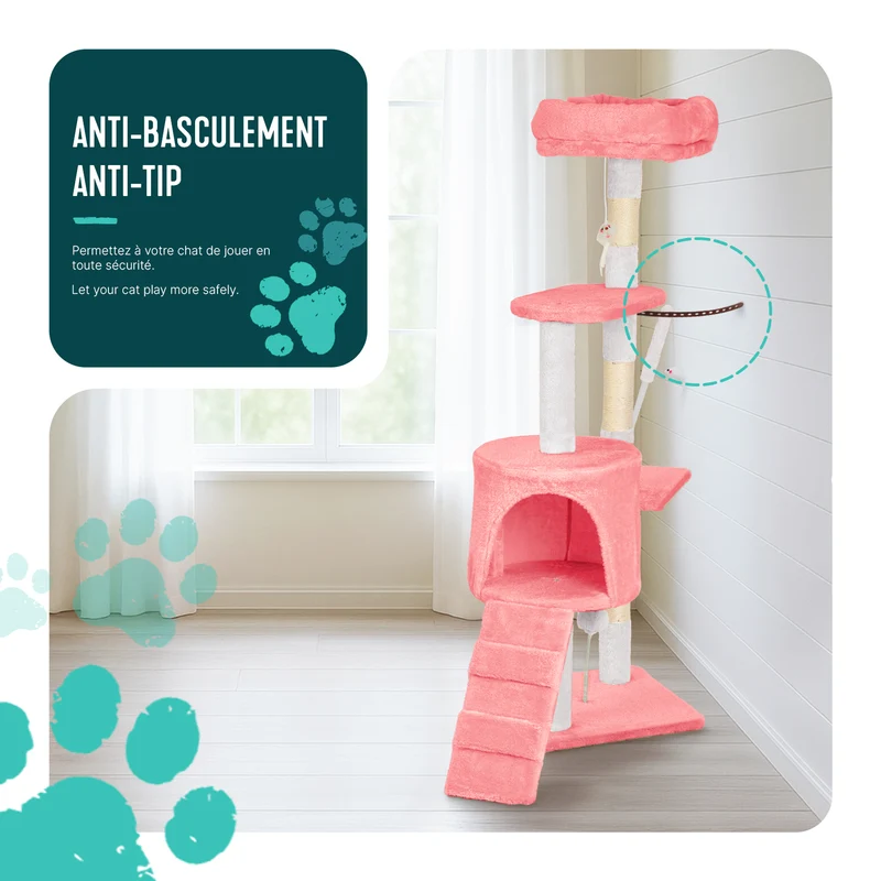 Arbre a chat 112cm multi niveaux Griffoir et niche Rose