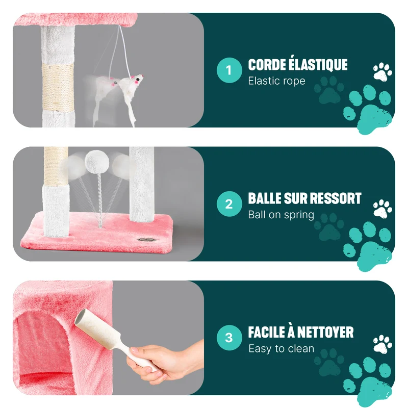 Arbre a chat 112cm multi niveaux Griffoir et niche Rose