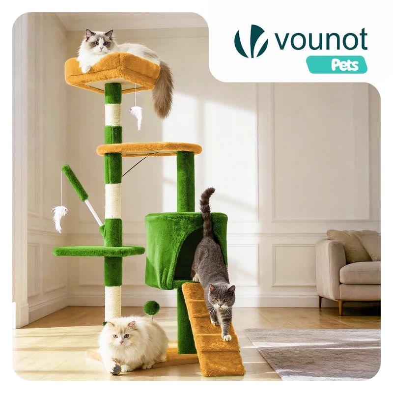 Arbre a chat 112cm multi niveaux Griffoir et niche Vert Orange