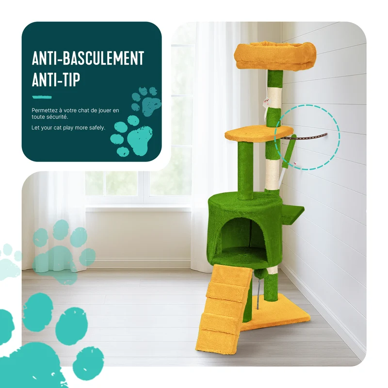 Arbre a chat 112cm multi niveaux Griffoir et niche Vert Orange