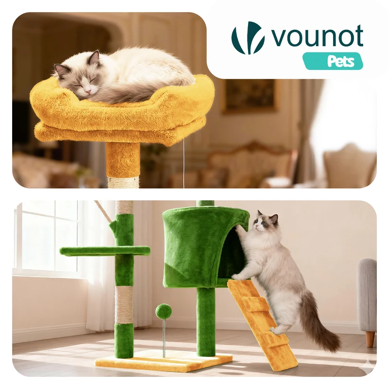 Arbre a chat 112cm multi niveaux Griffoir et niche Vert Orange
