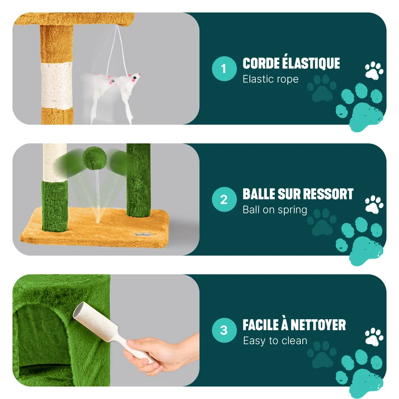 Arbre a chat 112cm multi niveaux Griffoir et niche Vert Orange