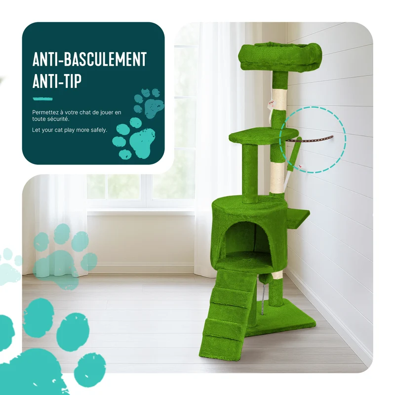 Arbre a chat 112cm multi niveaux Griffoir et niche Vert