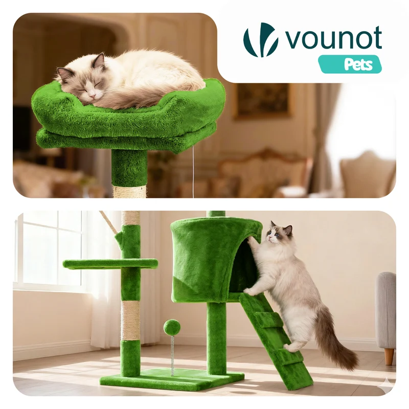 Arbre a chat 112cm multi niveaux Griffoir et niche Vert