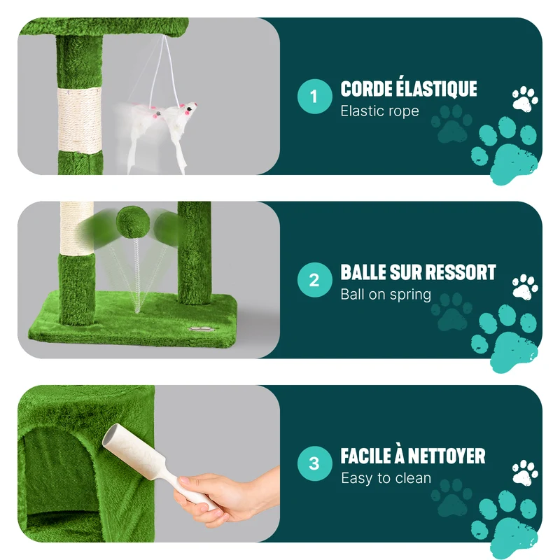 Arbre a chat 112cm multi niveaux Griffoir et niche Vert