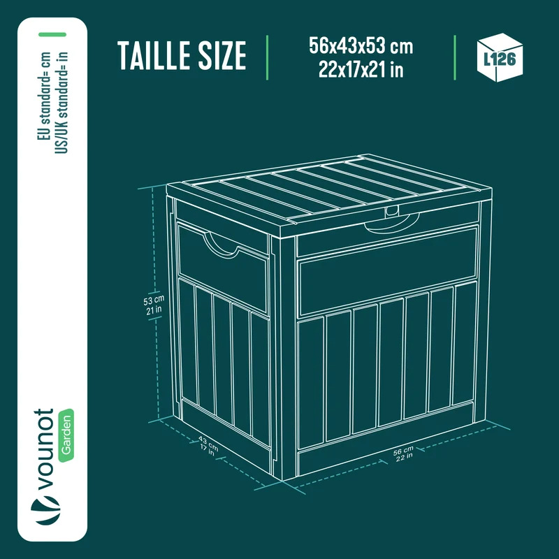 Coffre de Rangement Exterieur 126L en PP 56x43x53CM Style Bois Noir