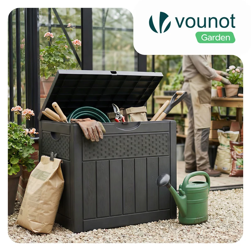 Coffre de Rangement Exterieur 126L en PP 56x43x53CM Style Polyrotin Noir
