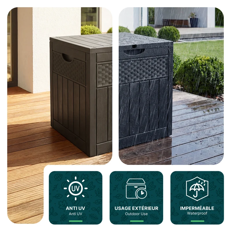 Coffre de Rangement Exterieur 126L en PP 56x43x53CM Style Polyrotin Noir