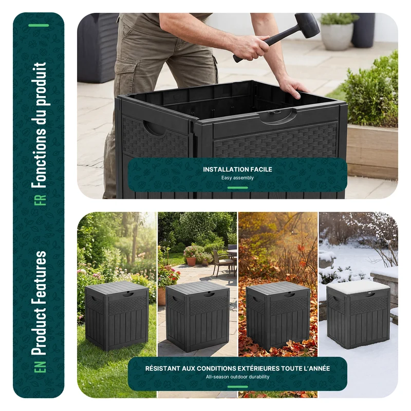 Coffre de Rangement Exterieur 126L en PP 56x43x53CM Style Polyrotin Noir