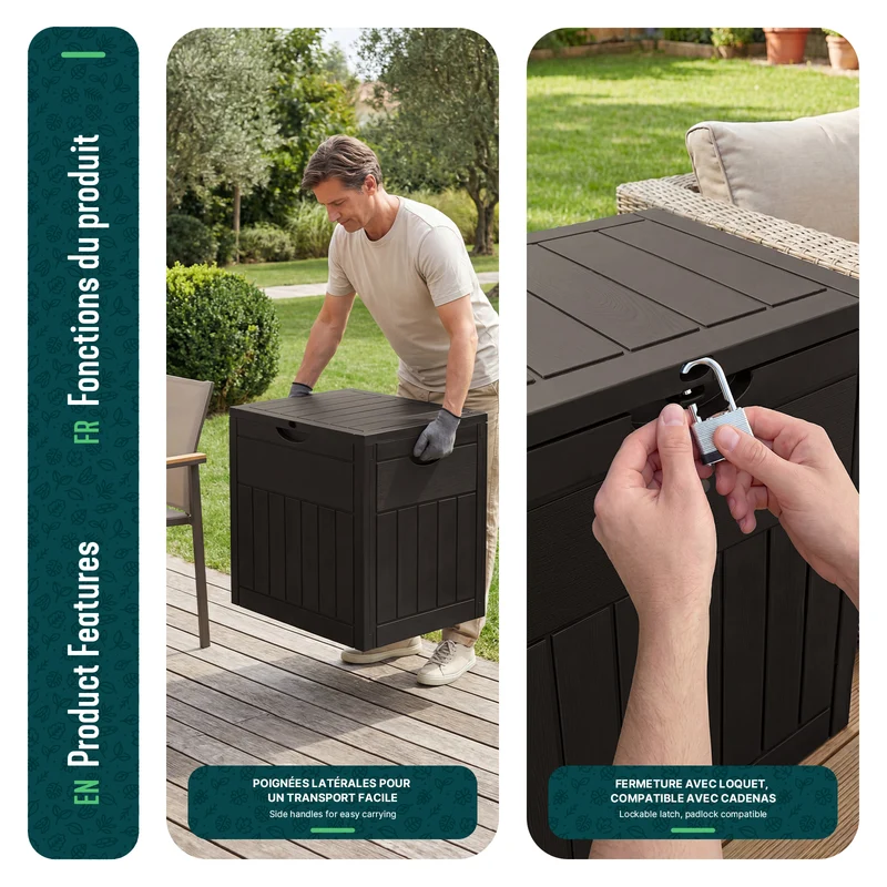 Coffre de Rangement Exterieur 126L en PP 56x43x53CM Style Bois Marron